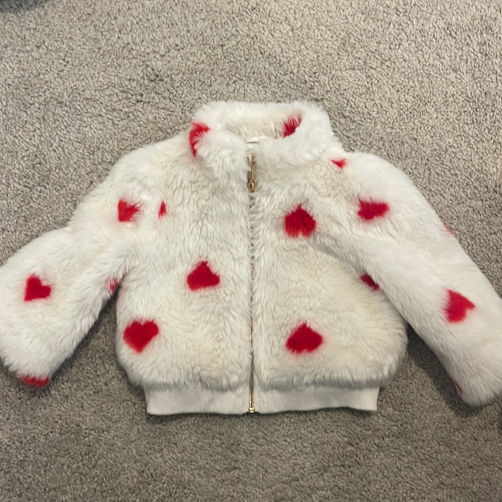 Janie and Jack fur coat with hearts size 6-12 months valentines and Christmas